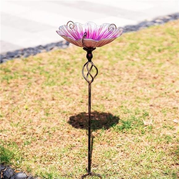 31 Inch Height Glass Birdbath Birdfeeder with Metal Stake Garden Yard - Picture 2 of 8